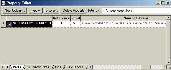Figure 3.4.4: Property Editor window for the PARAM part, showing the newly created Rlval column. e. While the cell in which you entered the value 500 still selected click the DISPLAY button.