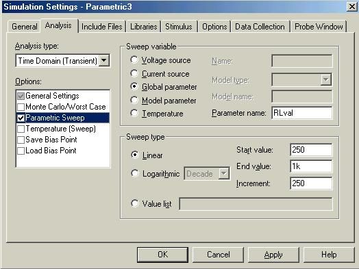 Figure 3.4.5: Window for the Simulation Settings of the Parametric Sweep. c. Run Spice and Display the waveforms. a. Run PSpice b.