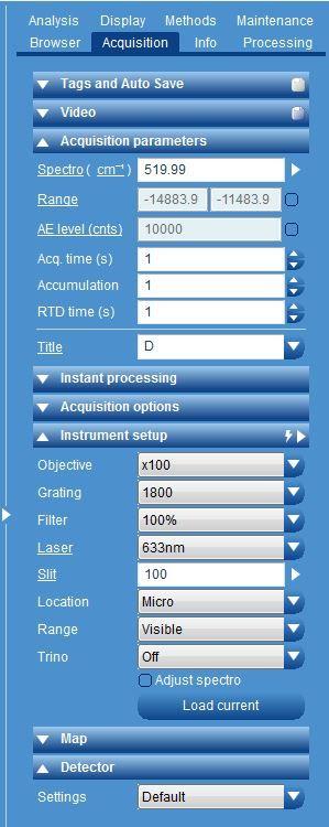 6. On the right panel, select the Acquisition tab, and open the Acquisition Parameters menu and the Instrument Set-Up menu. 7. To load and use previously saved measurement settings (Template): a.