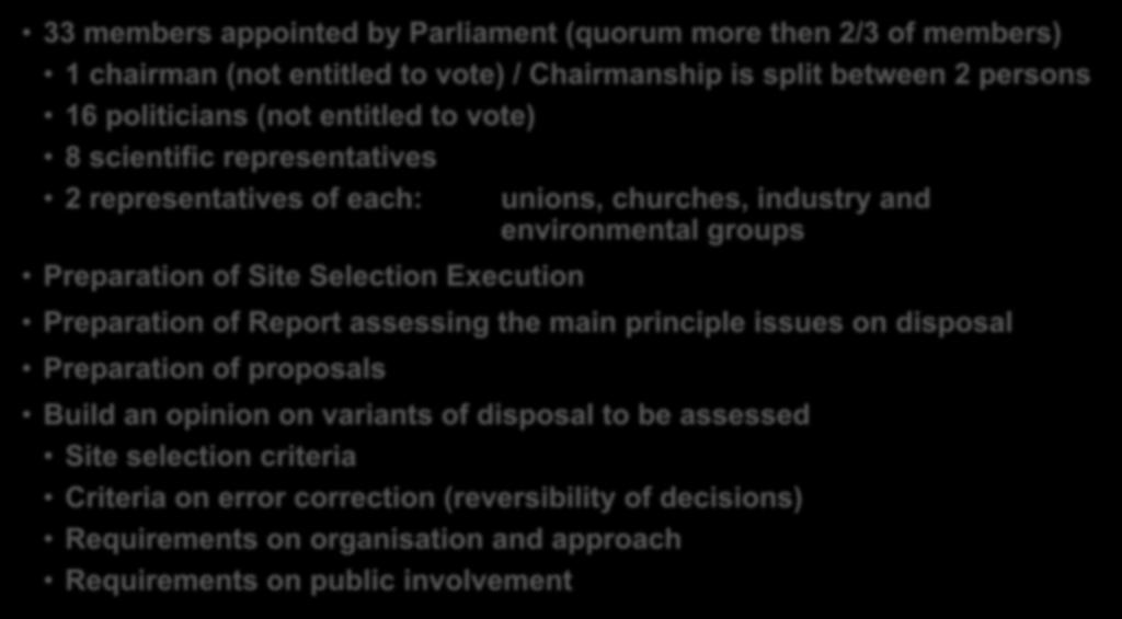 StandAG: Disposal Commission 33 members appointed by Parliament (quorum more then 2/3 of members) 1 chairman (not entitled to vote) / Chairmanship is split between 2 persons 16 politicians (not