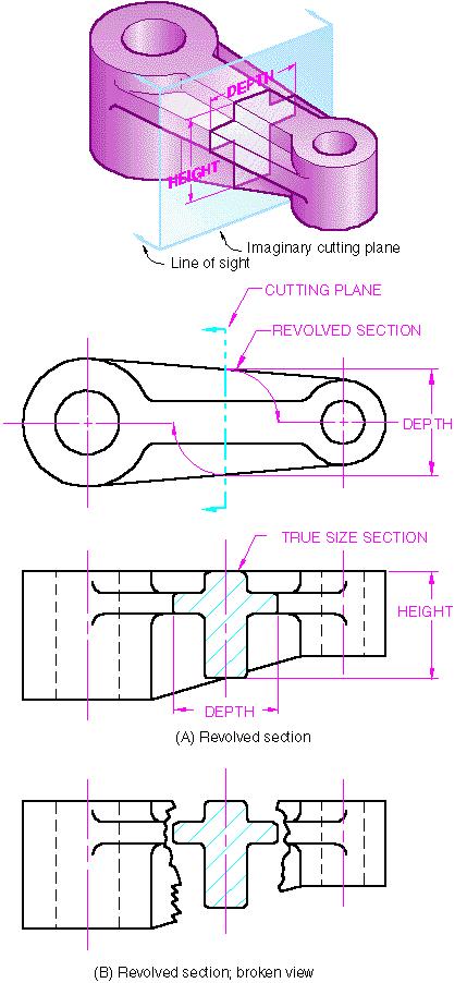 Revolved sections Assume a section plane perpendicular to the front