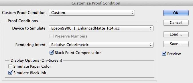 Customize Proof Conditions: From this dialog box you can select the different printer profiles to simulate your image with.