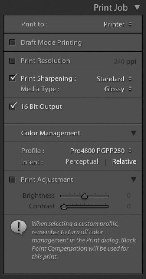 In the Color Management section you will need to select an appropriate printer profile that matches the media you are going to be printing with and choose either a Perceptual or