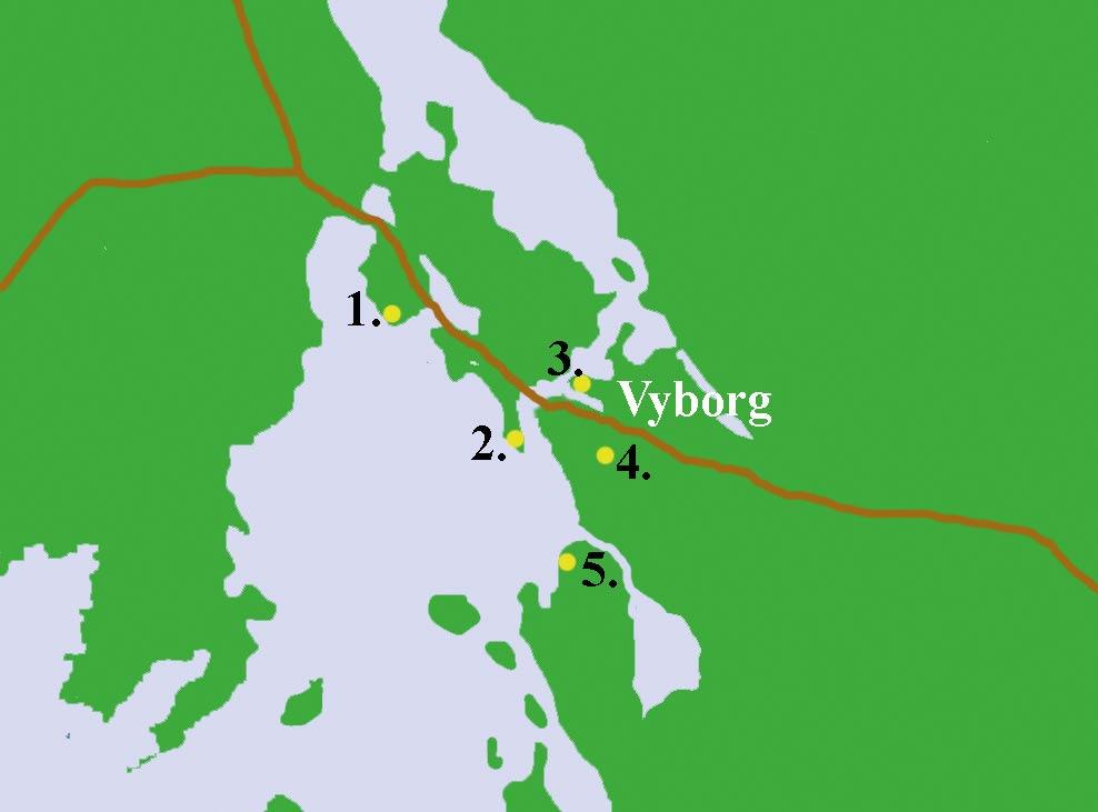 Figure 5. Observation sites in Vyborg: 1) Sorvali, 2) Tervaniemi, 3) Salakkalahti, 4) Patterimäki, and 5) Pappilanniemi. Figure 6.
