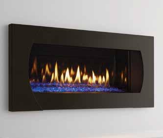 MEZZO 36 shown with quattro front in black and cobalt glass media. MEZZO 36 shown with clean face trim in stainless steel and crystal glass media with driftwood logs and river rock stones.