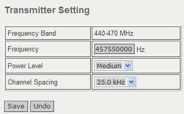 Transmitter Settings After all changes have been made to this menu page, click on the SAVE button.