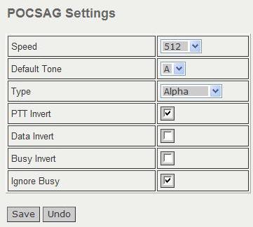 Pocsag After all changes have been made to this menu page, click on the SAVE button. Speed The speed of transmission. This value must match that of the pagers receiving the messages (default 512).