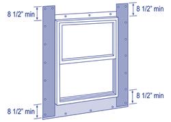 Continue the bead of sealant at the jambs vertically a minimum of 8 1/2 above the head of the window to allow for bedding the top portion of the jamb flashing into sealant in the next step (figure C).