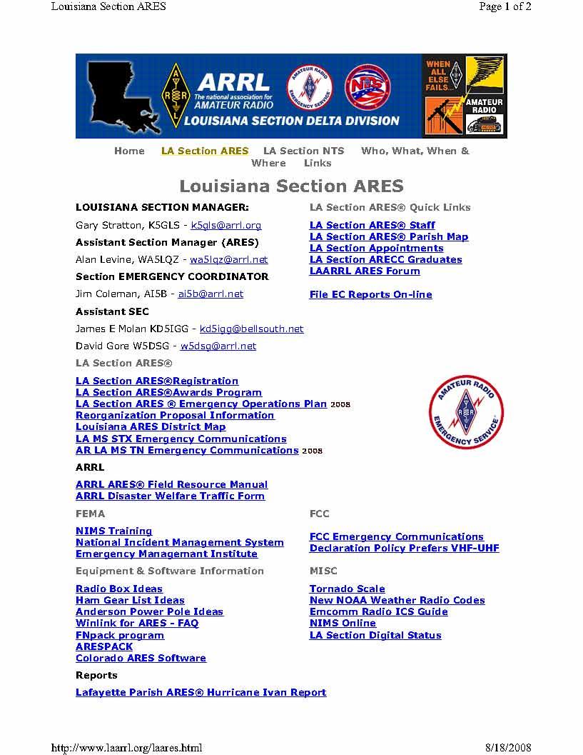 Louisiana ARES Website State Staff Regional Staff