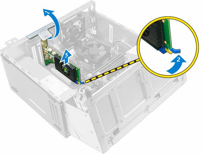 Instalarea plăcii (plăcilor) de extensie PCI 1. Trageţi dispozitivul de eliberare pentru a-l deschide. 2. Introduceţi placa de extensie PCIe în conectorul de pe placa de sistem. 3.