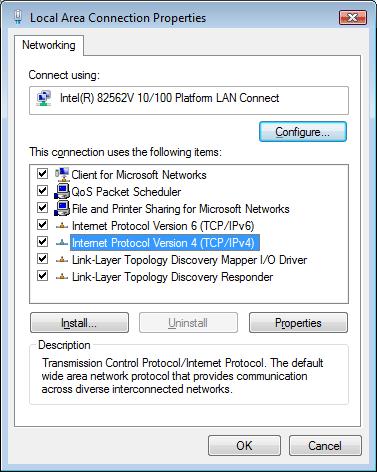 Asiguraţi-vă că aţi bifat caseta Internet Protocol Version 4 (TCP/IPv4) în fereastra Local Area Connection Properties