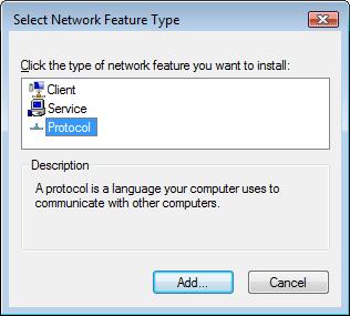 6. Faceţi clic pe Install (Instalare). Se va afişa fereastra Select Network Feature Type (Selectare tip caracteristică de reţea). 7. Selectaţi Protocol din listă şi faceţi clic pe Add (Adăugare). 8.