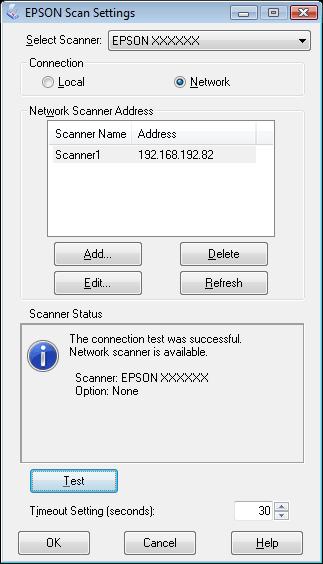 6. În fereastra Epson Scan Settings (Setări Epson Scan), faceţi clic pe butonul Test pentru a verifica conexiunea.