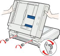7. Fixaţi butoanele de la capetele şuruburilor pentru instalare, folosind şurubelniţa inclusă. 8. Conectaţi cablul pentru AAD la conectorul ADF (AAD) al scanerului. 9. Închideţi AAD-ul. 10.