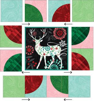 Place the cut out circles on the wrong side of the following 5 ½ x 5 ½ squares: (3) Hunter Christmas Plaid (E) (3) Red Christmas Plaid (F) (3) Green 1351 (N) (3) Red Holiday Berries (G) 3.