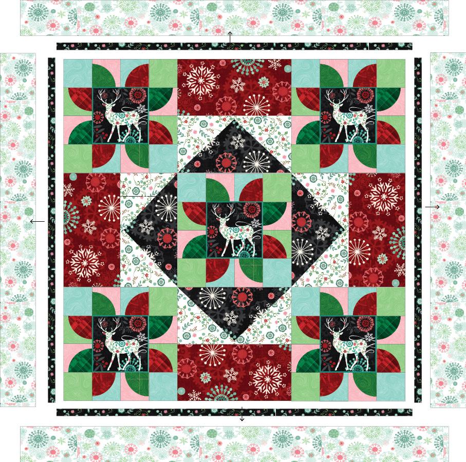 Inner Border - Black Small Floral Vine (J) (White Small Floral Vine I) 1. From 1 ½" x WOF strips, cut: (2) 1 ½ x 36 ½ strips and sew to the sides of the quilt top. 2.