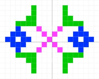 Fill a selection of stitches with a stitch chosen in the stitch palette. Mirror the selection of stitches. Replace a symbol with a different symbol or a color with a different color.