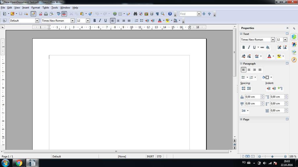 Fig. 1. Interfaţa aplicaţiei OpenOffice Writer Documentul deschis are implicit o pagină, paginile următoare apar automat atunci când se umple cu informaţie prima pagină.