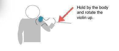 4. Now lift the violin and rotate it so that it can land onto your shoulder. The left side of the shoulder rest should overlap the seam of your shirt on the left shoulder. 5.