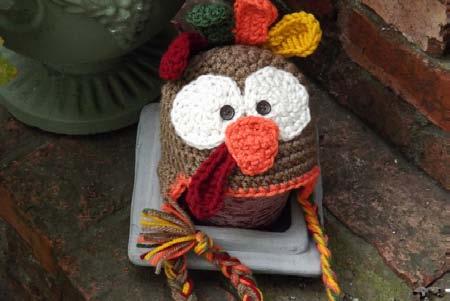 Crochet Turkey Hat-All Sizes Things You Will Need: Worsted weight yarn-1 skein light brown, small amounts of orange, gold, green, and burgundy I crochet hook Scissors Straight pins Yarn needle 3/8"