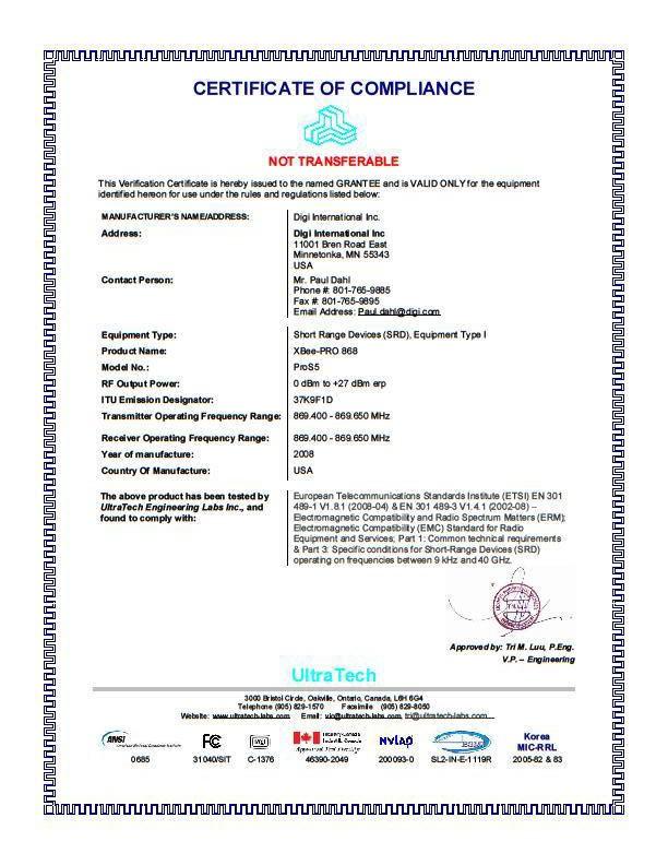 RM868500D Operating Manual Page 7 5 Agency Certifications 5.1 Europe (ETSI) The internal RF Module in the RM868500D has been certified for use in several European countries.
