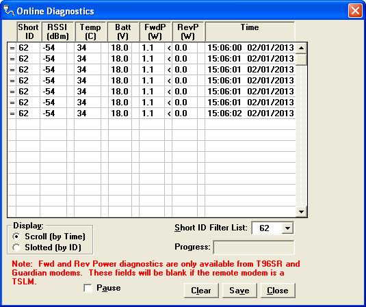 Figure 32 Online Diagnostics The following online diagnostics are gathered and displayed in the Online Diagnostics window. Short ID Displays the Short ID of the unit transmitting the diagnostics.