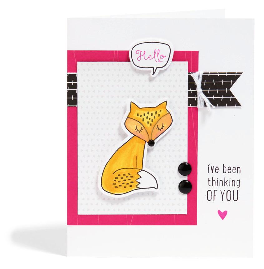 ink, stamp Hello sentiment onto quote bubble Using Archival Black ink, stamp I ve been thinking of you sentiment to right of 5A Using Raspberry ink, stamp heart under sentiment Embellish card with