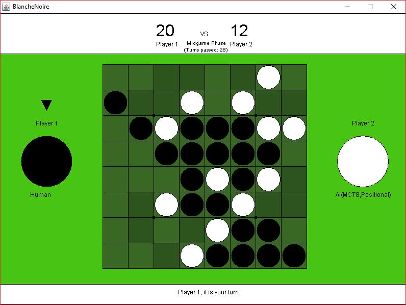 Figure 13: Another screenshot of the Othello GUI in use, this time with a game being played by a human and an AI. 4.3.2 Command Line Interfacing One aspect that became more complex than I expected was the Othello program s ability to accept command line arguments to alter the behaviour of the game.