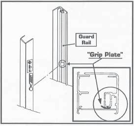 Installing Guard Rail Tab: With the ladder in the open position, position the RED TAB (found in the handle mechanism package) on the outside edge of the guard rail directly opposite each installed