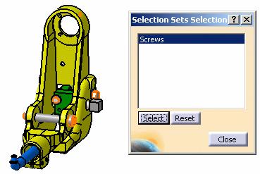 3. Activate the CATProduct document and select Edit -> Selection Sets... 4. In the Selection Sets Selection dialog box that is displayed, select a selection set and click the Select button.