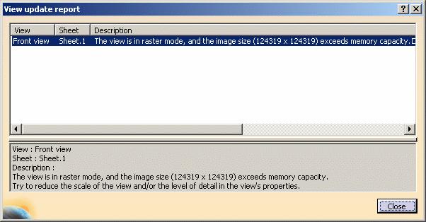 The View Update Report dialog box displays: all the errors encountered when the view is generated, the names of the impacted views and sheets a