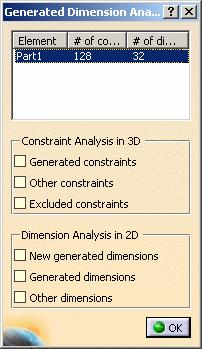 The Generated Dimension Analysis dialog box displays the number of constraints available in the 3D, as well as the number of dimensions generated on the drawing, for each part or product in the