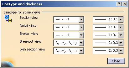 View Linetype Click the Configure button to configure linetypes and thicknesses for specific types of views: section view, detail view, broken view, breakout view, skin section view (in the