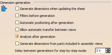 Generation This page deals with the following categories of options in the Generation tab: Dimension generation Balloon generation These options apply to the Generative Drafting workbench only.