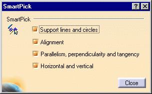 The SmartPick dialog box provides these options: Support lines and circles Alignment Parallelism, perpendicularity and tangency