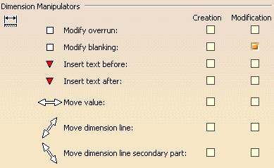 These options let you define which manipulators you will visualize and therefore use when creating and/or modifying dimensions: Modify overrun If you drag select one overrun manipulator, both overrun