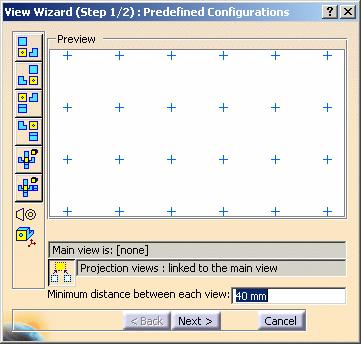 2. Select the Configuration 3 using the 1st angle projection method icon to create a front, a top and a left view using the ISO standard/first angle projection method. 3. Click Next > to go to the second step of the wizard.