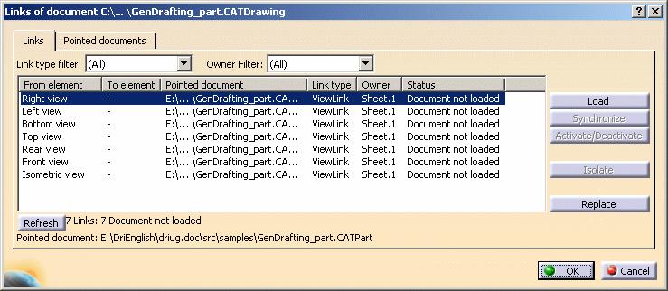 2. Select Edit -> Links. The Links dialog box appears, showing the existing links between the CATDrawing and its related CATPart.