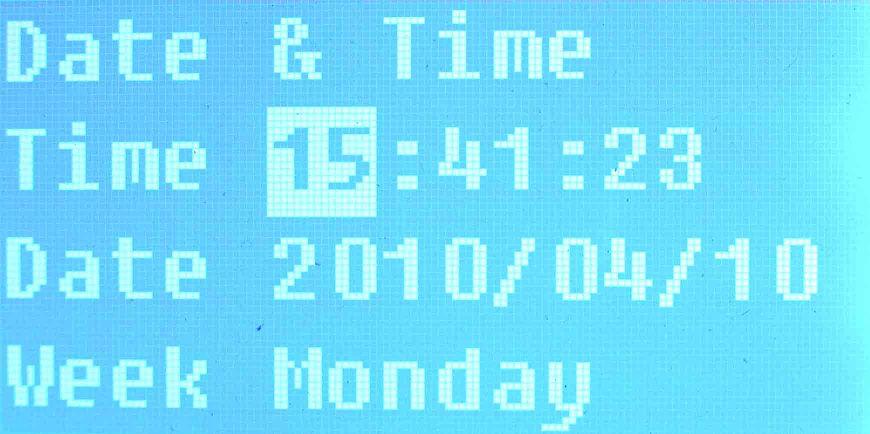 Fill the time and date by numerical keys. As for day of the week, 1 means Monday, 2 means Tuesday,., 7 means Sunday and so on.