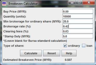 Breakeven Calculator di gunakan untuk mengira samada sekiranya jual saham yang di beli maka anda tidak untung atau rugi.