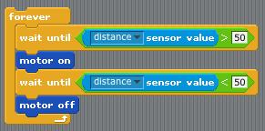 Turn on the motor when distance sensor reads greater than 50, off when sensor reads less than 50, and repeat.