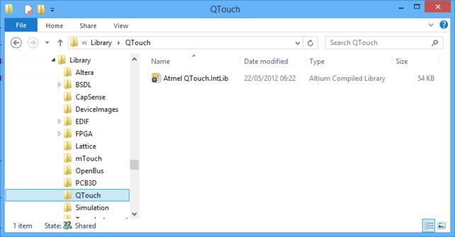Verify through Windows Explorer that the Atmel QTouch.IntLib is now available - in the \Users\Public\Documents\Altium\AD<VersionNumber>\Library\QTouch folder (for a default installation).