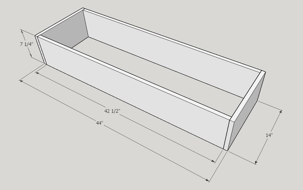 Step 8 Make the larger drawers Drill pocket holes in the both ends of the 42 ½ inch length drawer pieces. Join the 14 inch pieces to the 42 ½ inch lengths to form the drawers.