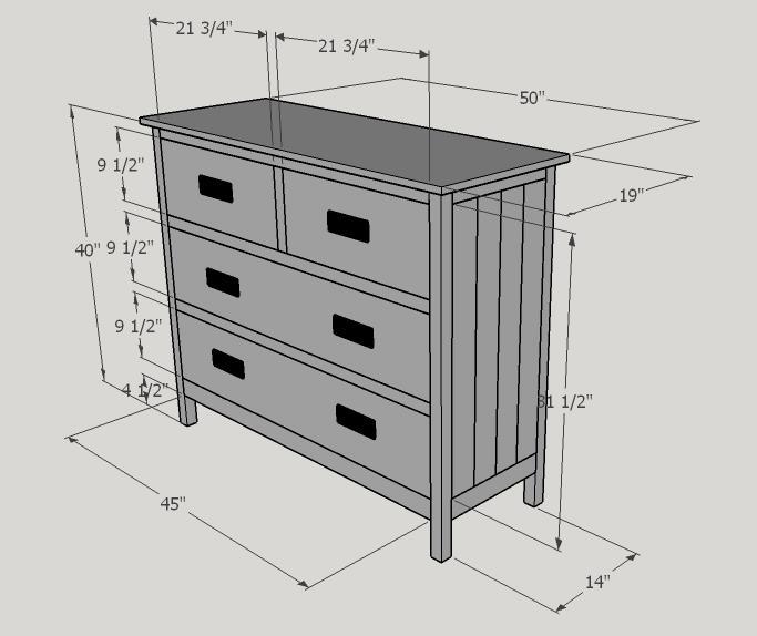 Introduction This plan makes a chest of drawers that is 50 inches at the widest point, 19 inches deep and 40.75 inches high.