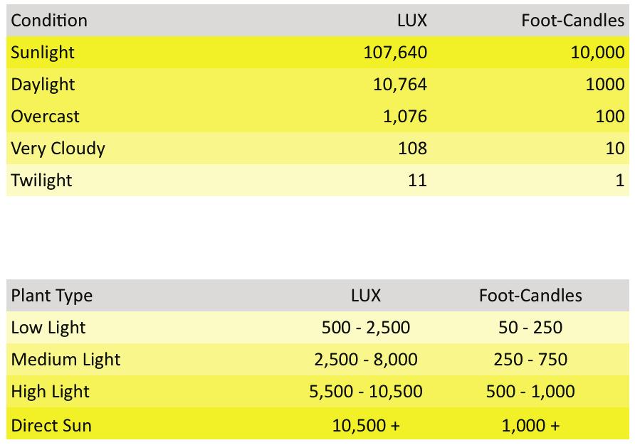 Light intensity can be easily measured with any off the shelf light meter and there are many guides for what is the desired lux or foot-candles by plant type.