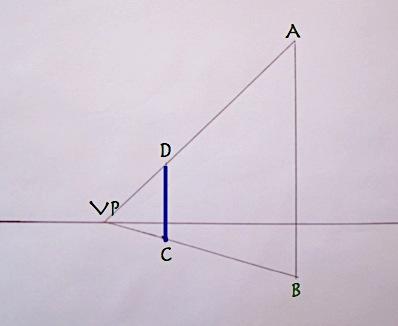 5) Then I drew another orthogonal (or perspective line) from the vanishing point back up to A at the top of the first figure. (Fig.