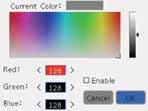 the colour bar to choose a colour "Current Colour" shows the selected colour "Red", "Green", and "Blue" shows the RGB value of the selected colour Press the left or right arrows to change the
