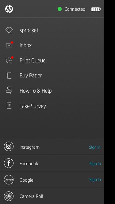 Navigating the Sprocket App Menu Navigation Main Menu Take a Photo or Scan a Print View paired printer information Get messages and notifications