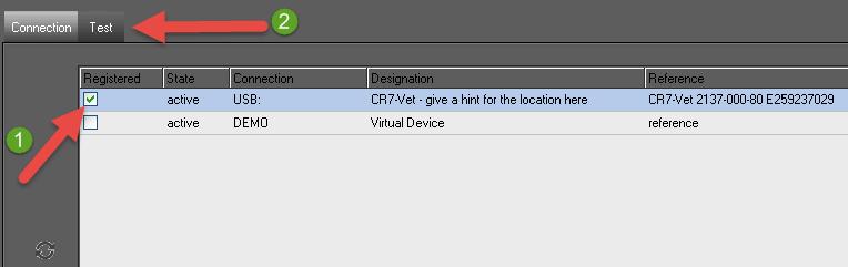 Check the active USB: line, then click on the test tab 1. In the dropdown box, choose CR7-Vet- give a hint for the location here 2.
