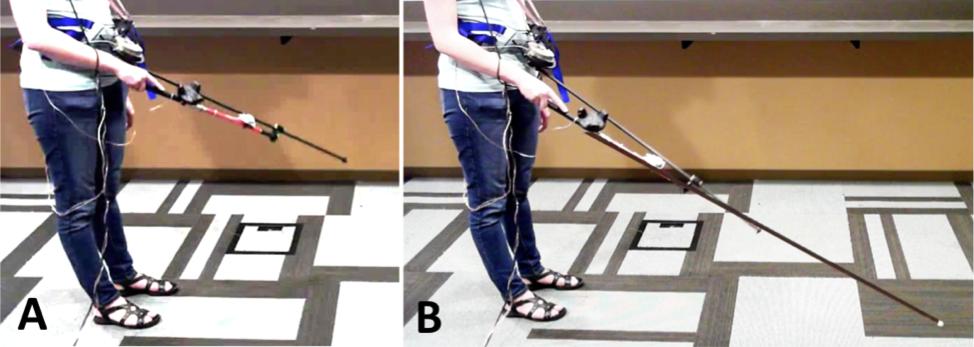 Figure 2. The mechanical parts of Canetroller, including the cane controller users interact with (bottom) and the haptic mechanism users have to wear to experience feedback (top).